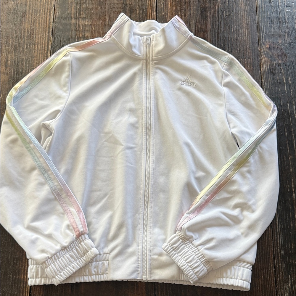 Adidas White Jacket with Multicolor Stripe-Girls XL (16)